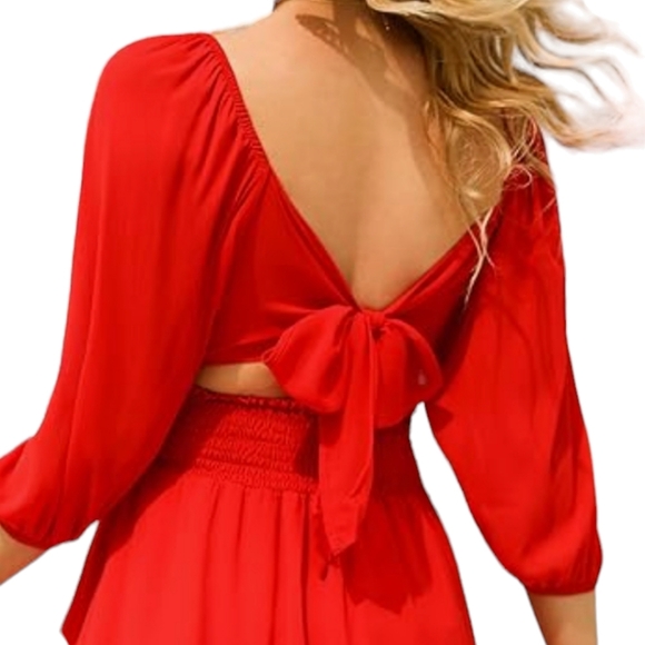 Exlura SM Red Ruffled Bell Sleeve Off-the-Shoulder Mini Flare Dress - Picture 5 of 8